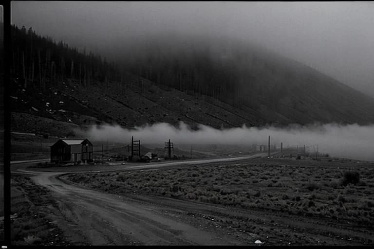 Distant view of the old mining town engulfed in fog, captured by a surveillance camera.
