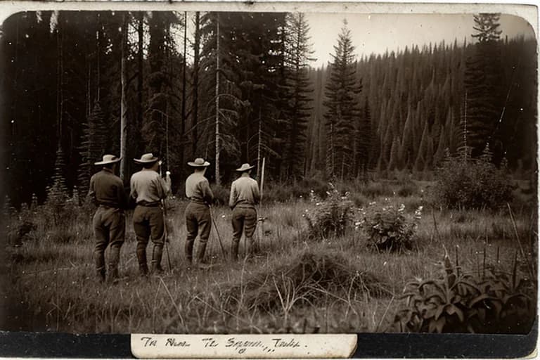 Archival photo from the 1940s. Early surveyors pointing at an unnaturally barren patch of land.