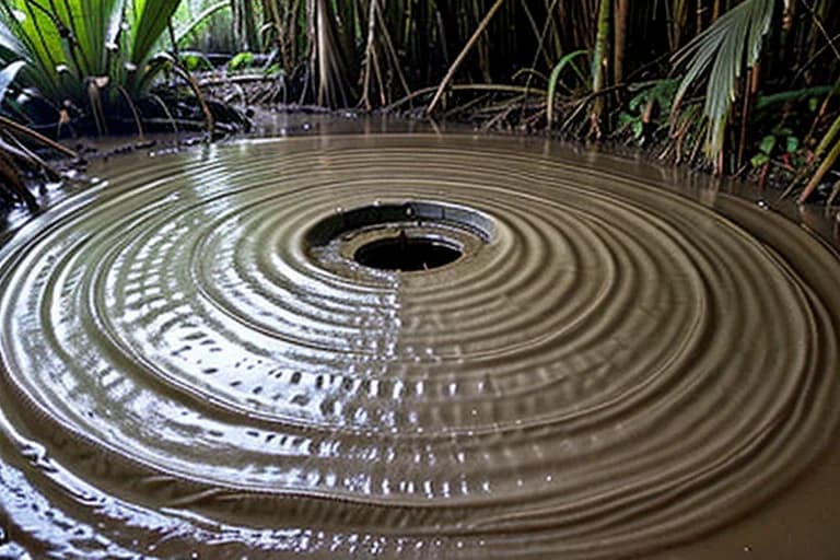 Close-up of a perfectly circular depression, approx. 60 cm in diameter, in mud.