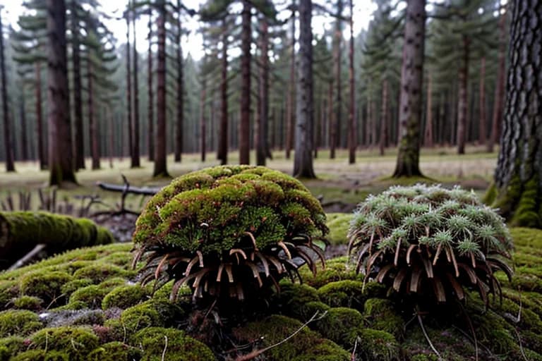 Amorphous silica and moss on recovered pinecone