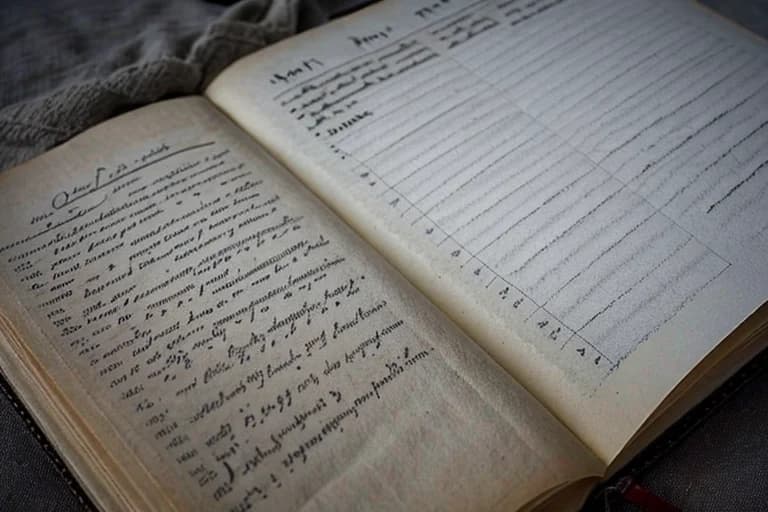 19th-century shepherd's diary, open to a page describing a village in the fog.