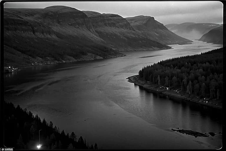 Overview of the fog-shrouded fjord at night