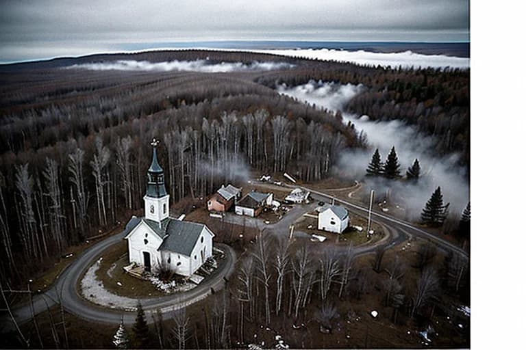 Aerial view of Blackwood Hollow. A patch of dense fog is visible over a section of the town.