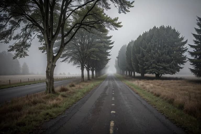 Appian Way at pre-dawn. Faint mist rises.