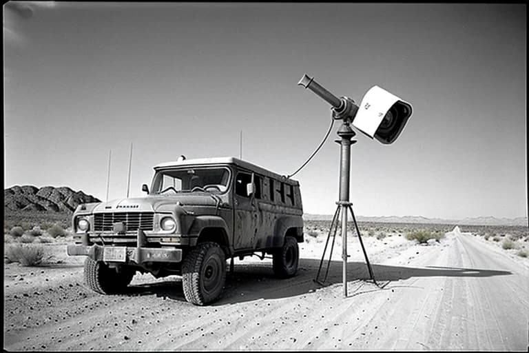 Investigation scene in Namib Desert. Vehicle and deployed observation equipment.