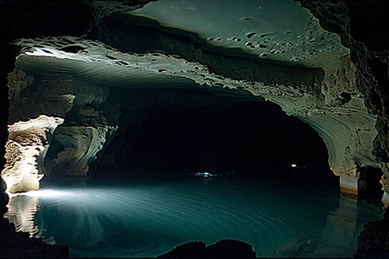 Faint luminescence recorded from the deep cave lakebed.