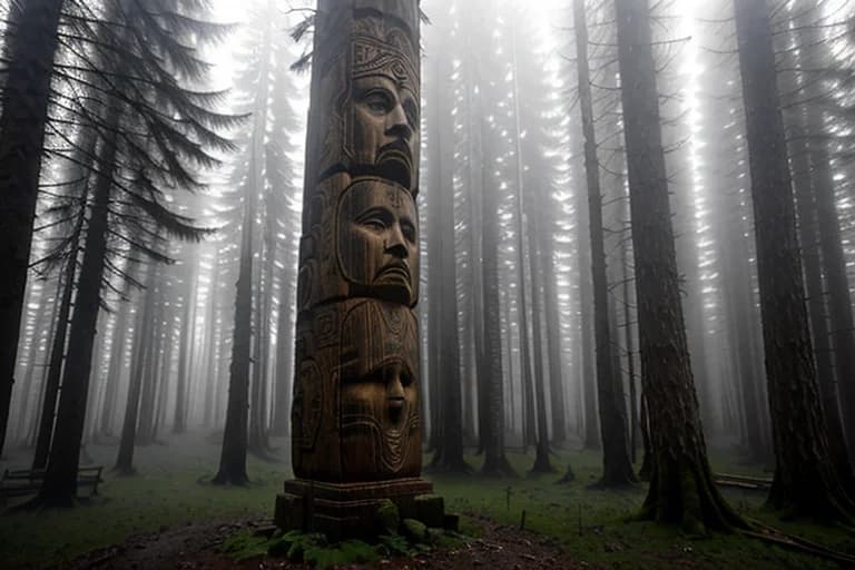 Totem pole related to local Haida folklore, suggesting forest guardians.