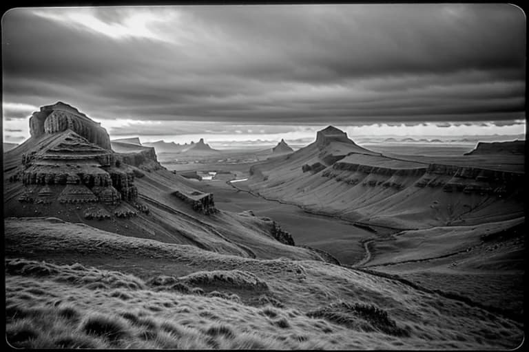 Surveillance camera footage of the Quiraing at dusk. Subtle heat haze-like distortions in the background. Dated.