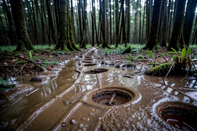 Gigantic footprints discovered in the forest, deeply impressed into the mud.