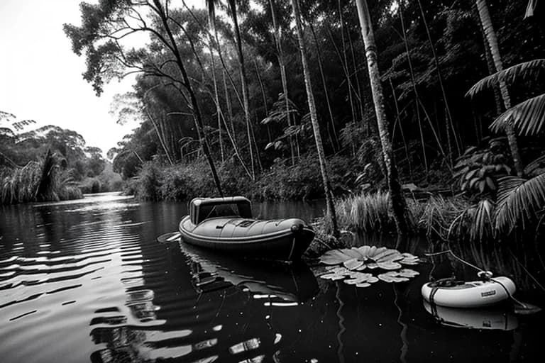Remains of a destroyed survey boat and equipment found in Lake Tele's swamp.