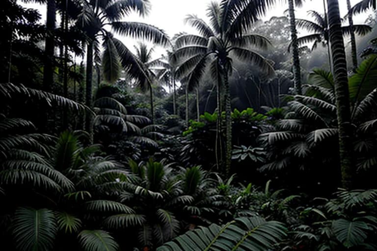 Faint glow visible in the distance within the nocturnal rainforest