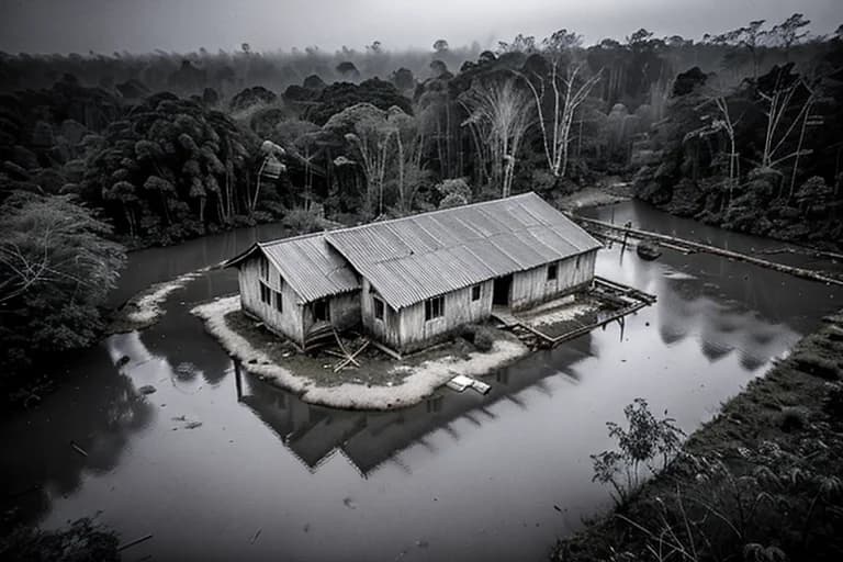 Deserted village settlement enveloped in thick fog. Everyday items remain untouched.