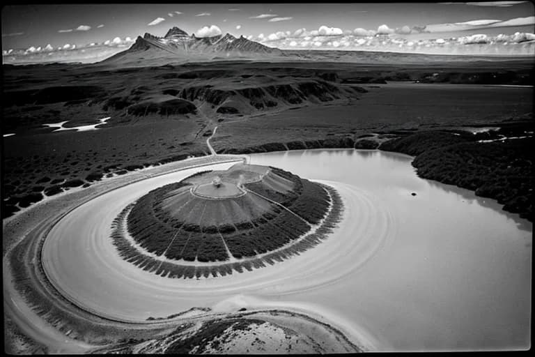 Aerial view of remote weather station M-32 in the Patagonian Andes.