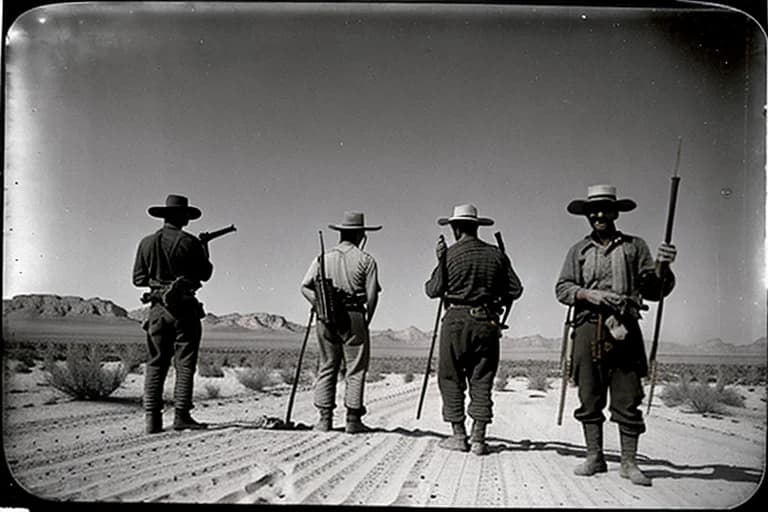 Old photograph of San hunters pointing at an abnormal heat haze in the distance.